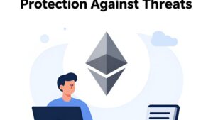 Футуристичный цифровой щит, защищающий узлы сети Ethereum от киберугроз в системе стейкинга Ethereum-Mining